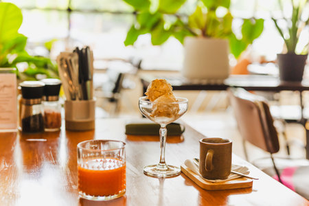 Summer Dessert, Coffee with Ice creams and orange juice on wooden table
