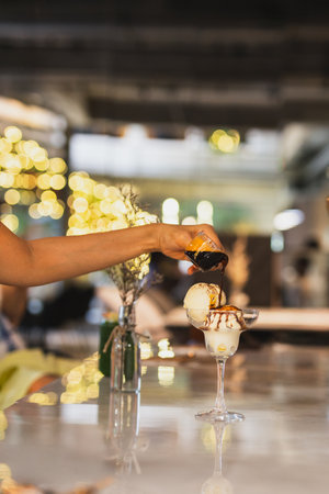 Affogato coffee with ice cream on a glass cup.の写真素材
