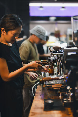 Shot in low light of female barista making a fresh coffee in cafeの写真素材