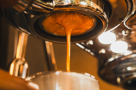 Close up of Espresso machine making an fresh espresso with a portafilterの写真素材