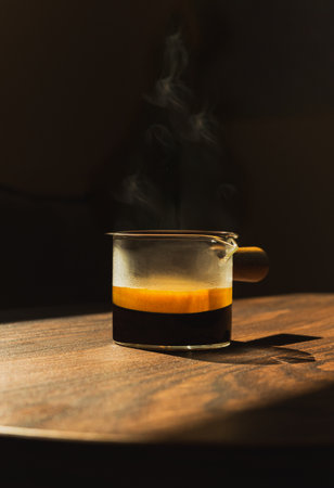 Espresso coffee in a glass cup on a dark background in vertical