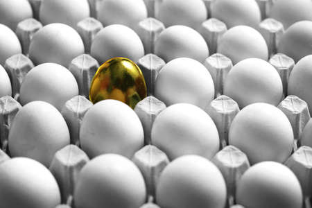one gold egg lays among common white eggs.の写真素材