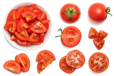 Set of fresh whole and sliced tomatoes isolated on white background. Top view.の写真素材