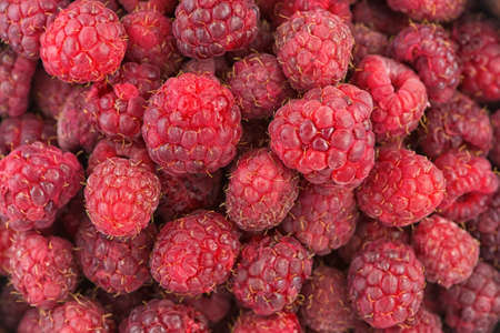Fresh raspberries background closeup photo.の写真素材