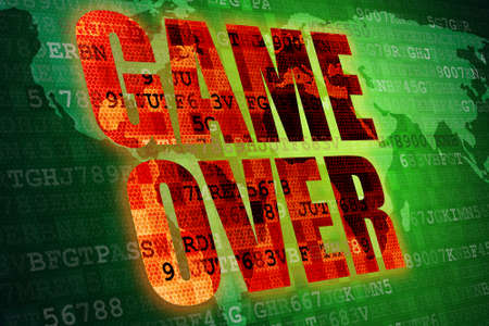 illustration of Pixel red game over screen on green digital world map background.の写真素材