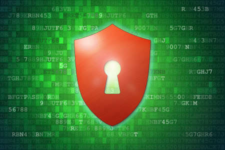 Cyber security concept: Red Shield With Keyhole icon on green digital data background.の写真素材