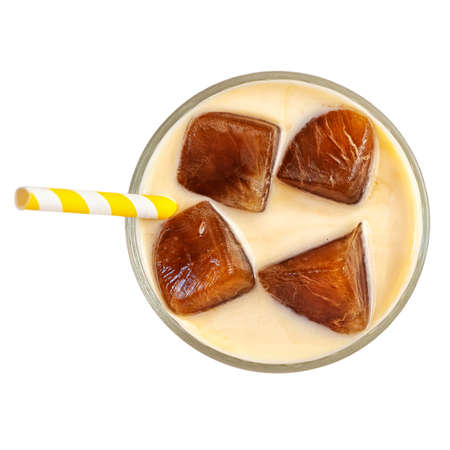 Milk coffee cocktail from frozen coffee cubes isolated on white background. top view.の写真素材