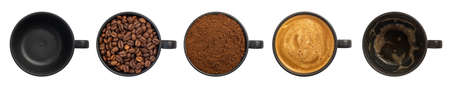 Top view five cups of different stages of preparing cappuccino isolated on white background.の写真素材