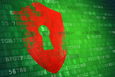Illustration of shield icon on green tech screen. Security concept.