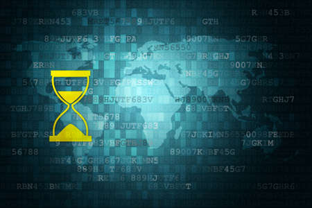 Hourglass icon on blue digital background with world map. Time concept. copy space.の写真素材