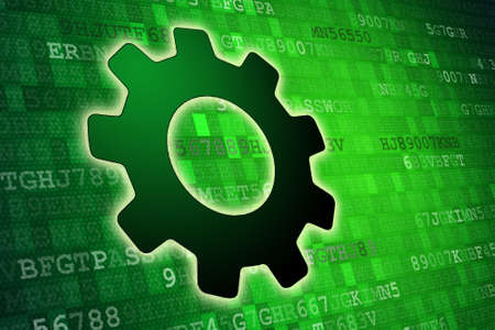 Data concept: Gear on green digital background.の写真素材