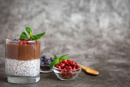 Chocolate chia pudding in glass on gray background. With copy space.の写真素材