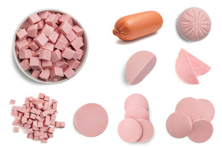 Set of Boiled sausage isolated on white background. Whole and slices. Top view.の写真素材