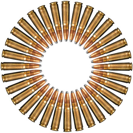Collage of bullets isolated on white background. Top view, with copy space.