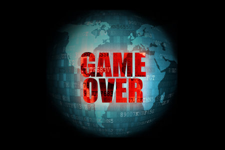 illustration of Pixel red game over screen on blue digital world globe background.の写真素材