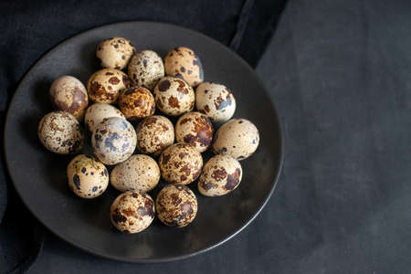 Quail eggs in plate on dark background with copy space.の写真素材