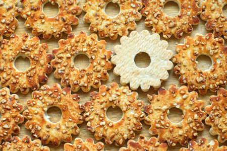 cookies with nuts in the form of the gears for background. Close-up, top View.の写真素材