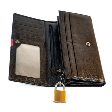 Open Black Wallet and closed padlock on white background. Concept of saving.