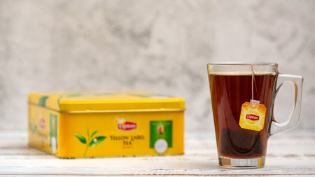 KROPIVNICKY, UKRAINE - JANUARY 11, 2019: Lipton tea in cup and tea bags and box on light background.のeditorial素材
