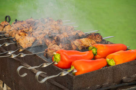 Barbecue beef kebabs n the hot grill. Close-up.の写真素材