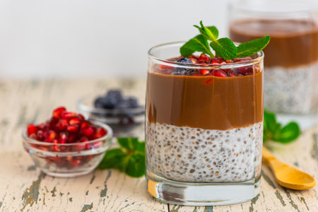 Chocolate Chia Pudding Dessert with blueberries.の写真素材