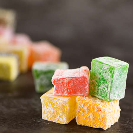 Turkish delight on a gray background. selective focus. Front view.の写真素材