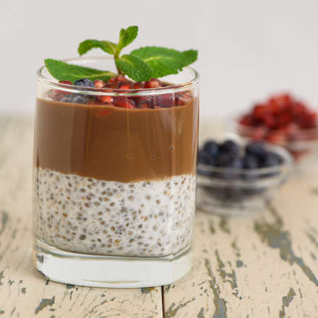 Chocolate Chia Pudding Dessert with blueberries.の写真素材