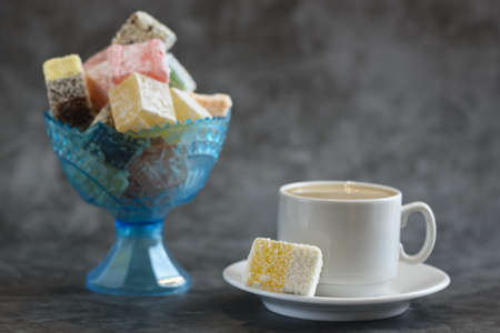 Turkish delight on a gray background. selective focus. Front view.の写真素材