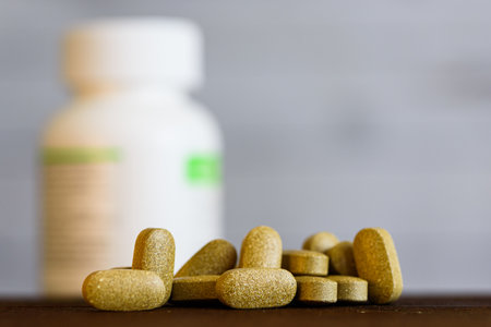 Nutrition supplements, brown vitamin pills. copyspace.の写真素材