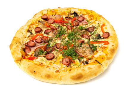 Pizza with sausage, meat, cheese, basil and olives isolated on white background.の写真素材