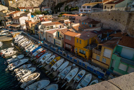 Boats and colored houses in vallon des Auffes, Marseilleのeditorial素材