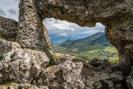 Stones in balance called Pierre Percee in Pierre-Chatel in Franceの写真素材