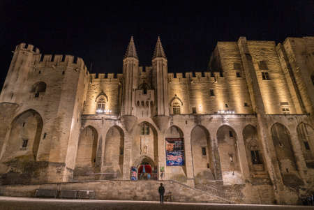 The Palais des Papes of Avignon in France at nightのeditorial素材