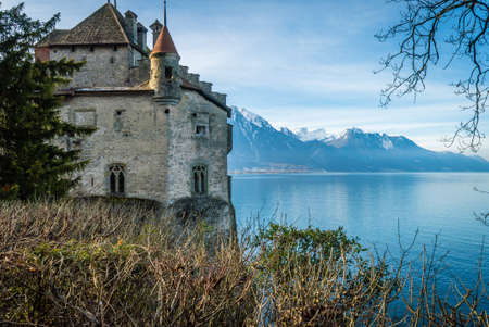 Chillon castle view from the top and Geneva lake in the backgroundのeditorial素材