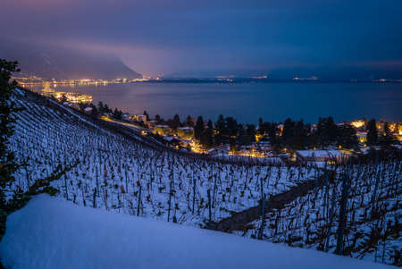 Montreux at night with view on Geneva lake in the background and vineyards under the snowの写真素材