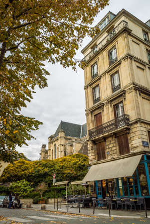 Paris restaurant and church in fall seasonのeditorial素材