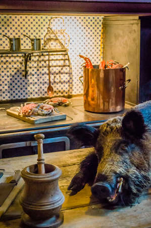 Dead wild boar and lobsters ready to be cooked in a kitchenの写真素材