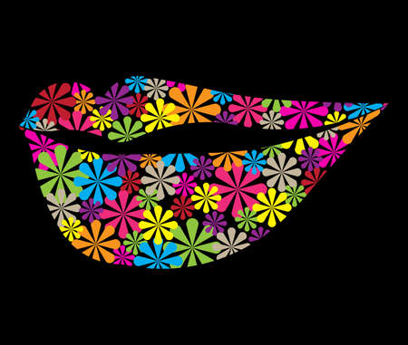 colorful flower in lip shape on blackのイラスト素材