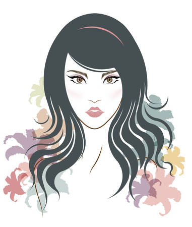 Long hair style icon, logo women face on white background, vectorのイラスト素材