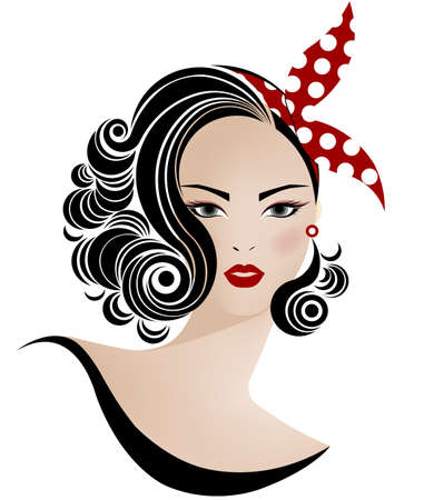 short hair style icon, logo women face with ribbon on white background, vectorのイラスト素材