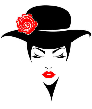 illustration of women short hair with a hat, retro logo women face on white background, vectorのイラスト素材