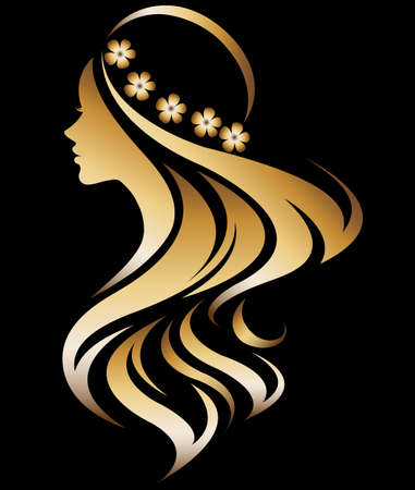 illustration vector of women silhouette golden icon, women face logo on black backgroundのイラスト素材