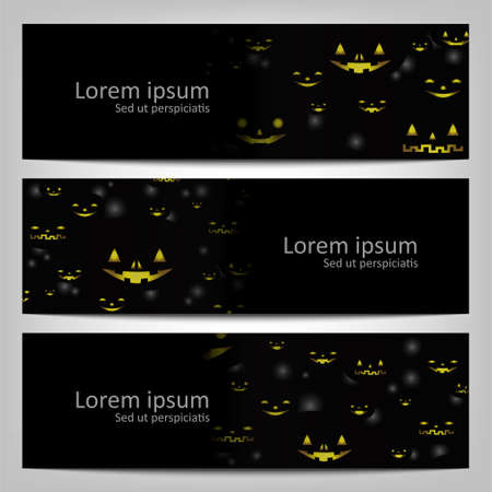 Three abstract vector banner halloween pumpkin pattern on black backgroundのイラスト素材