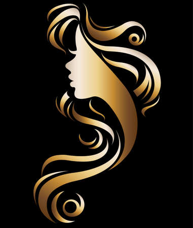 Illustration of womanâs silhouette in gold color on black background.のイラスト素材