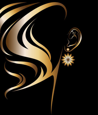 illustration vector of women silhouette golden icon, women hair and earring logo on black background.のイラスト素材