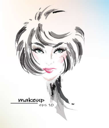 women shot hair style ,water colors women on colors backgroundのイラスト素材