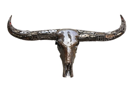 Iron buffalo skull with horns on white .の写真素材