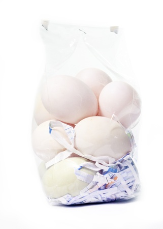 Fresh duck eggs are packed in bagsの写真素材