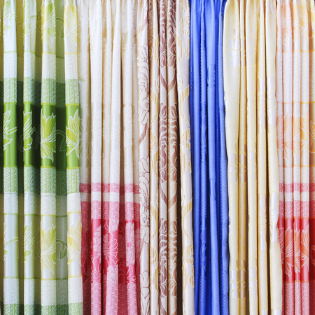 Displayed curtains samples in the shop.の写真素材