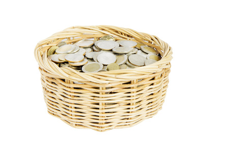 pot of coins isolated on white .の写真素材